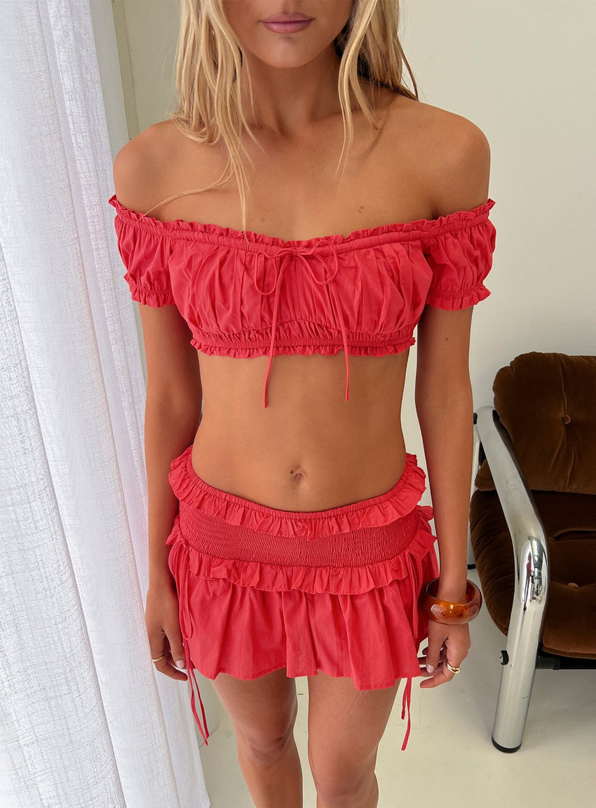 Corabel Off Shoulder Micro Crop Top Red