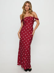 End Credits Off Shoulder Pleat Maxi Dress Red / Polka Dot