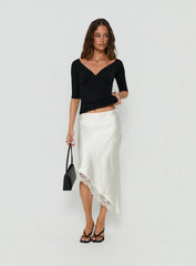 Koletta Asymmetrical Lace Trim Satin Midi Skirt Ivory