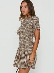 Laurita Shirred Mini Dress Brown Check