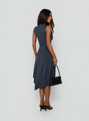 Louisia V Neck Hanky Hem Midi Dress Charcoal