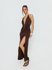 Sasami Halter Plunge Maxi Dress Chocolate