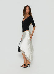 Koletta Asymmetrical Lace Trim Satin Midi Skirt Ivory