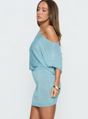Kysa Off Shoulder Knit Mini Dress Ocean Blue