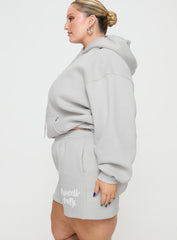 Princess Polly Track Shorts Puff Text Grey Curve