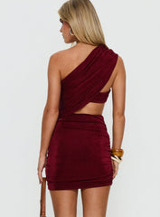 Junina One Shoulder Ruched Mini Dress Burgundy