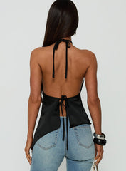 Sanford Satin Asymmetrical Arrowneck Top Black