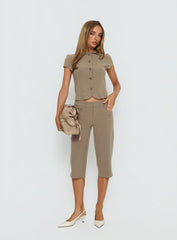 Maorah Button Up Tailored Collared Blouse Top Taupe