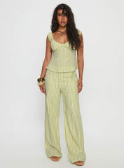 With Pleasure Puff Sleeve Linen Blouse Top Green / Blue Stripe